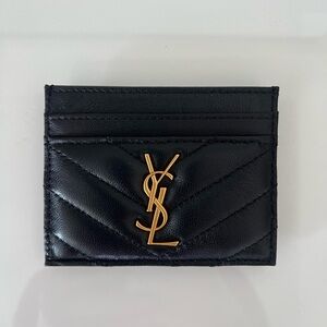 Black Quilted Leather Card Holder with Gold Logo